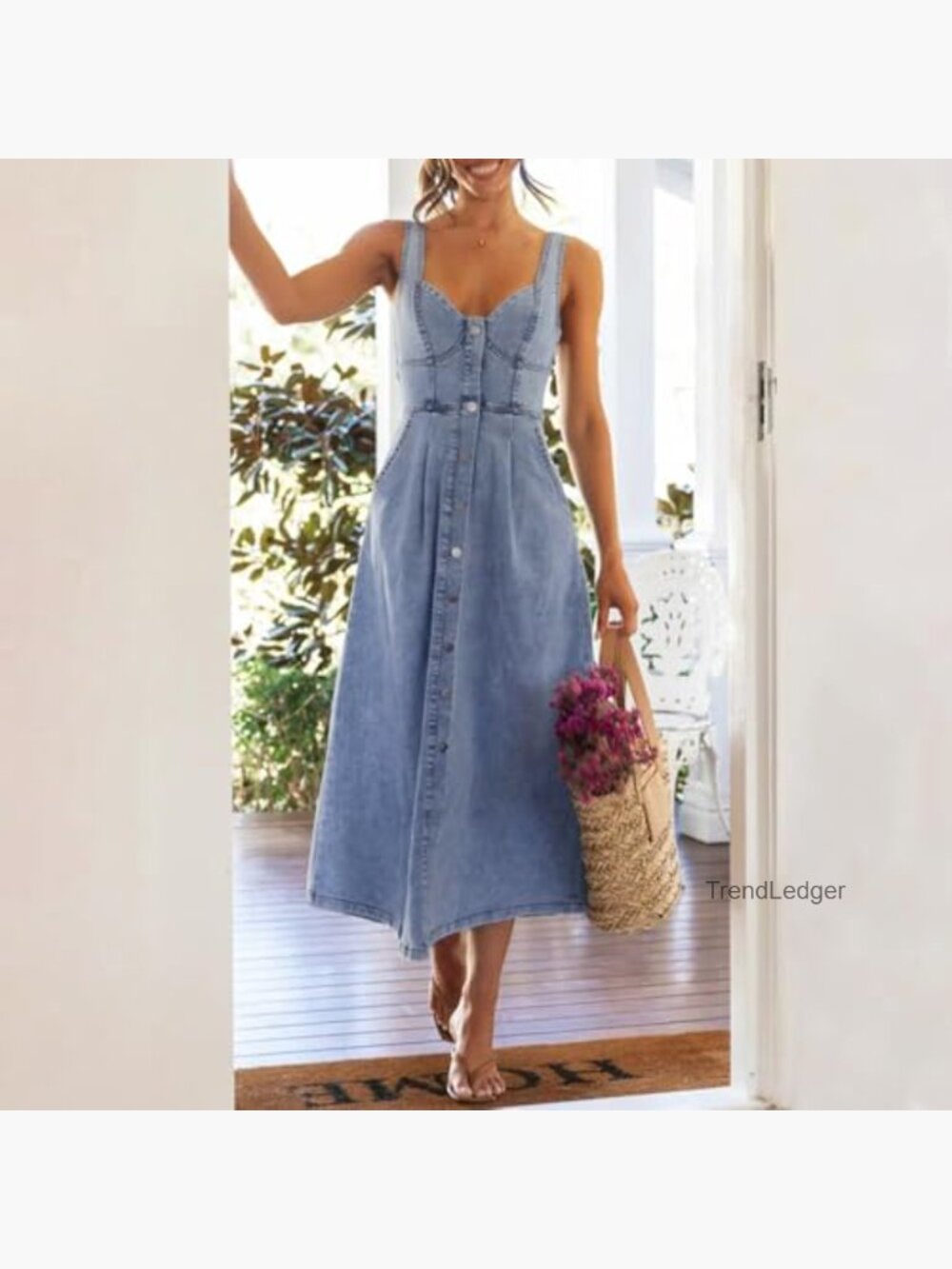 Sleeveless Button Down Slim Fit Midi Jean Dress A-Line - Picture 3 of 7